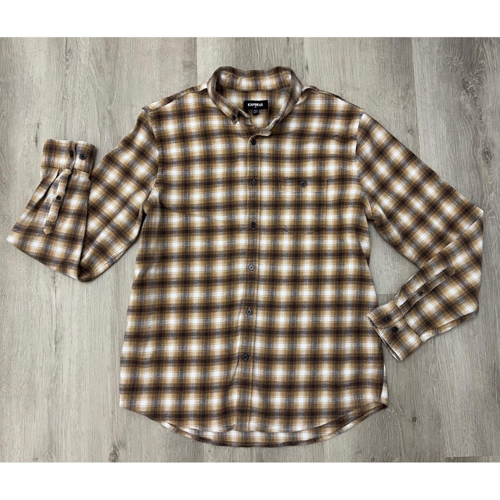 Express Mens Brown Plaid Button Down Shirt Long Sleeve Cotton Stretch Large